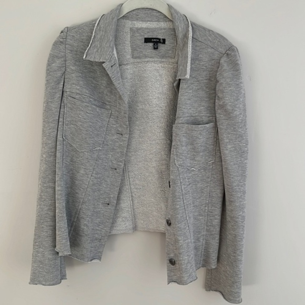 DREW gray blazer French terry button front puffed sleeves jacket